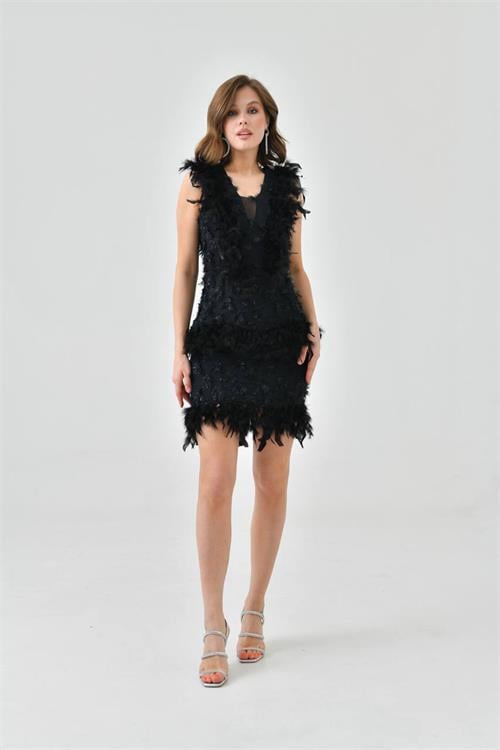 Dipmoda kadın tasarım otrij detaylı fransız tül abiye elbise NBSWLL08 