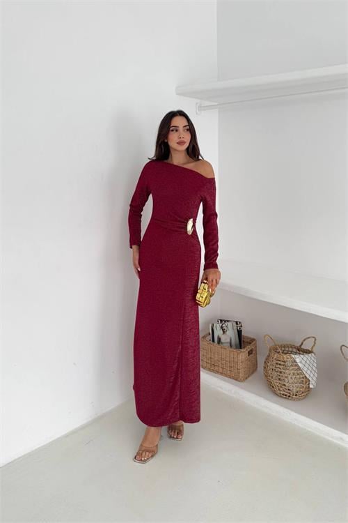 Dipmoda kadın tek omuz uzun kollu tokalı maxi elbise DPK4361
