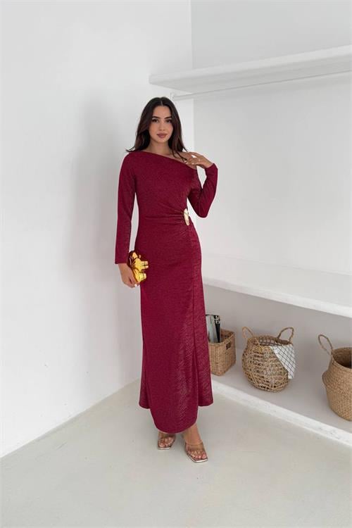 Dipmoda kadın tek omuz uzun kollu tokalı maxi elbise DPK4361