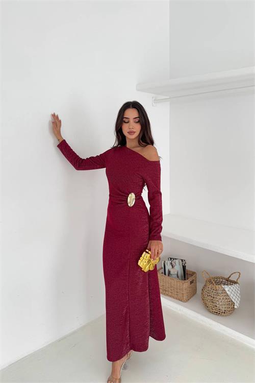 Dipmoda kadın tek omuz uzun kollu tokalı maxi elbise DPK4361