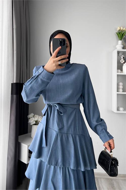 Dipmoda kadın tensel kumaş kat kat tesettür elbise DPNMS051