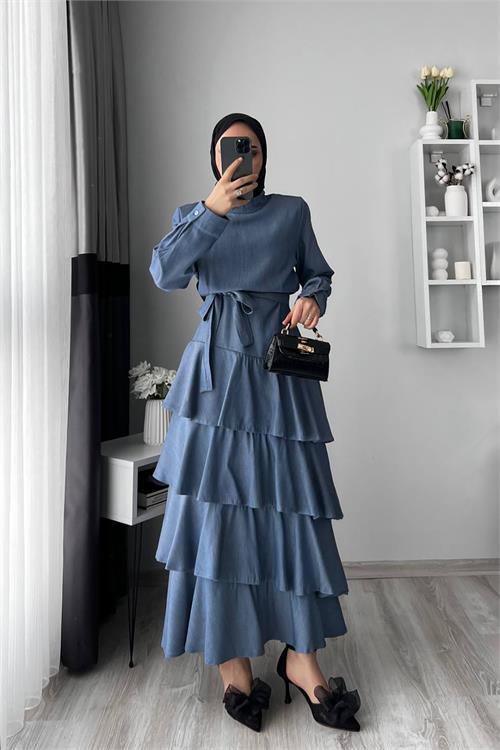 Dipmoda kadın tensel kumaş kat kat tesettür elbise DPNMS051