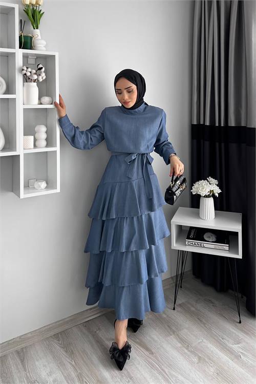 Dipmoda kadın tensel kumaş kat kat tesettür elbise DPNMS051