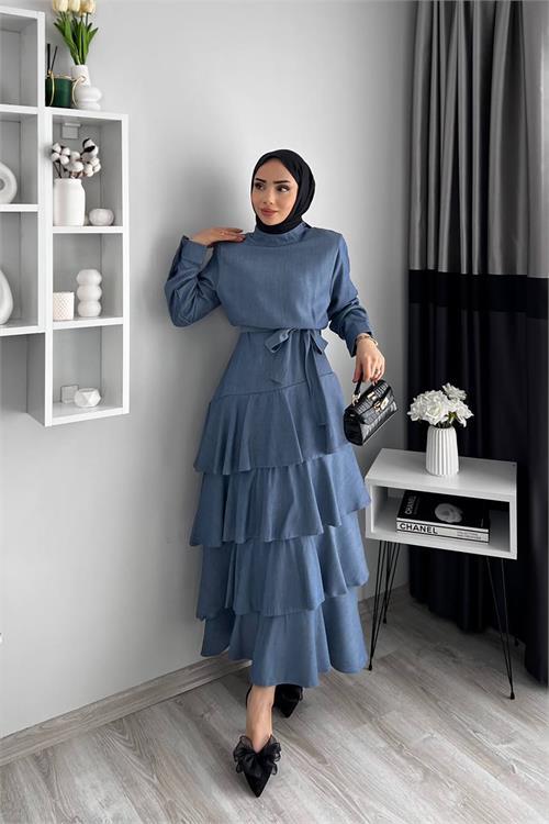 Dipmoda kadın tensel kumaş kat kat tesettür elbise DPNMS051