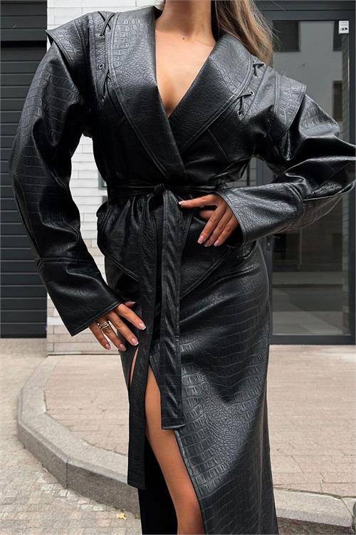 Dipmoda kadın timsah deri ceket ve etek alt üst ikili takım DPNBEMP2623