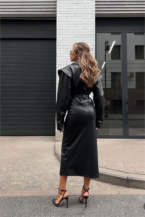 Dipmoda kadın timsah deri ceket ve etek alt üst ikili takım DPNBEMP2623