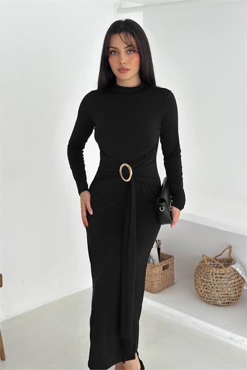 Dipmoda kadın toka detaylı drapeli midi elbise DPK4351