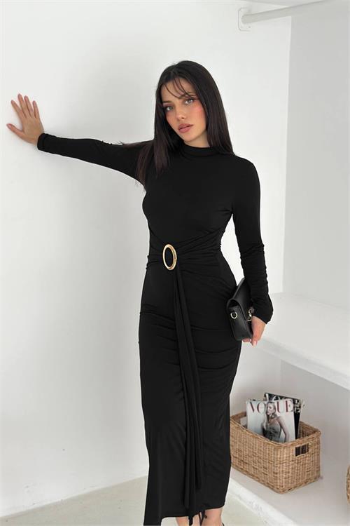 Dipmoda kadın toka detaylı drapeli midi elbise DPK4351