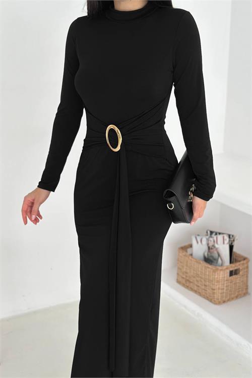 Dipmoda kadın toka detaylı drapeli midi elbise DPK4351