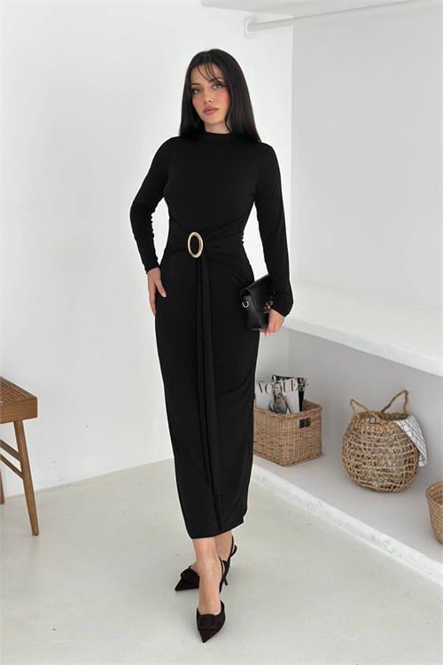 Dipmoda kadın toka detaylı drapeli midi elbise DPK4351