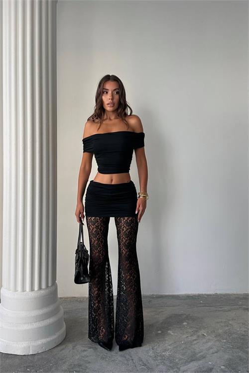 Dipmoda kadın transparan dantel detaylı pantolon crop takım DPDF160