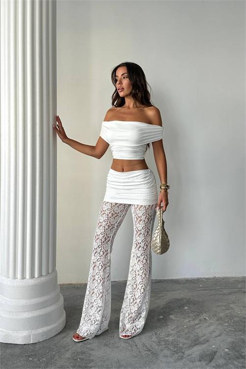 Dipmoda kadın transparan dantel detaylı pantolon crop takım DPDF160