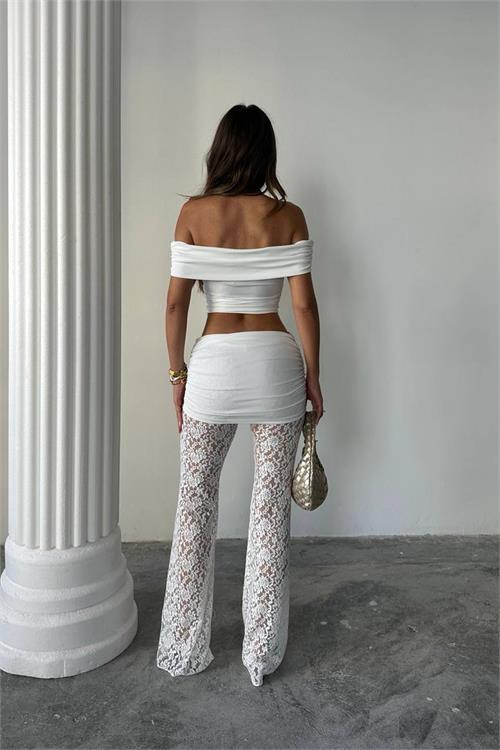 Dipmoda kadın transparan dantel detaylı pantolon crop takım DPDF160