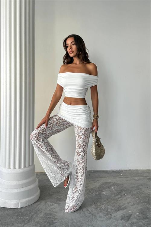 Dipmoda kadın transparan dantel detaylı pantolon crop takım DPDF160