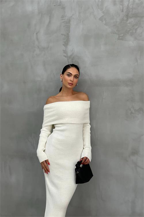 Dipmoda kadın triko ekru madonna yaka uzun elbise NBDM1218 