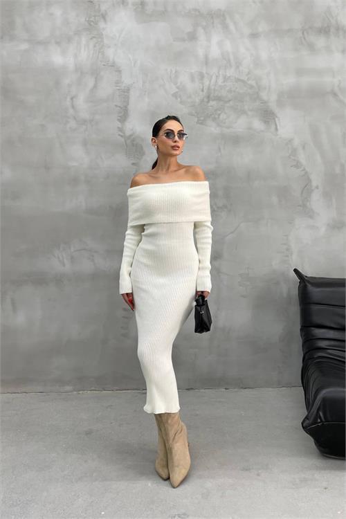 Dipmoda kadın triko ekru madonna yaka uzun elbise NBDM1218 