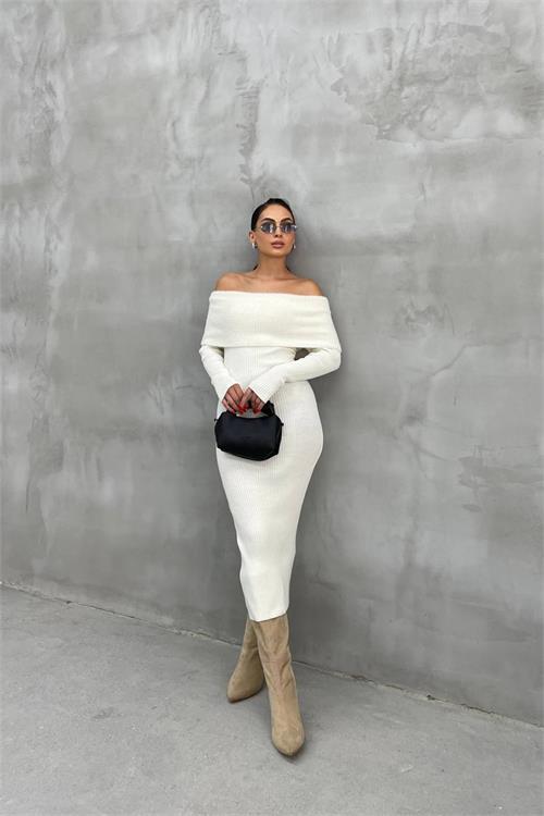 Dipmoda kadın triko ekru madonna yaka uzun elbise NBDM1218 