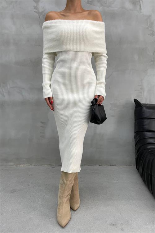 Dipmoda kadın triko ekru madonna yaka uzun elbise NBDM1218 