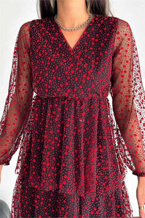 Dipmoda kadın tül astarlı mini elbise KKLF41 - Kırmızı 