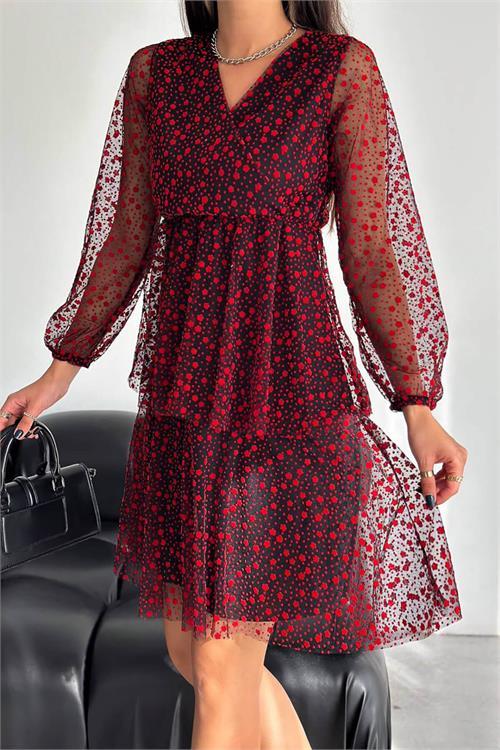 Dipmoda kadın tül astarlı mini elbise KKLF41 - Kırmızı 