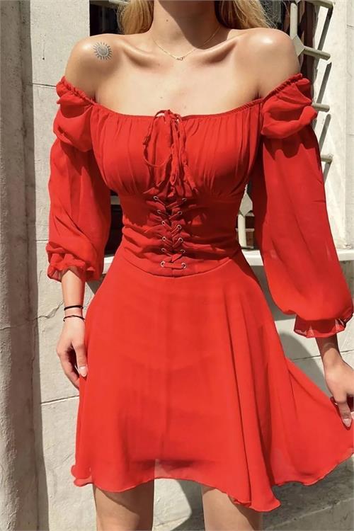 Dipmoda kadın tül carmen yaka astarlı mini elbise NBELY004 
