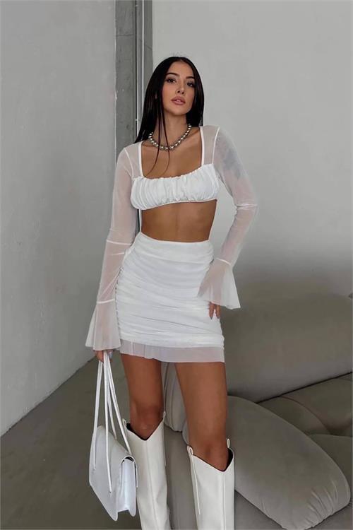 Dipmoda kadın tül eteği büzgülü alt üst etekli takım NBELY002 