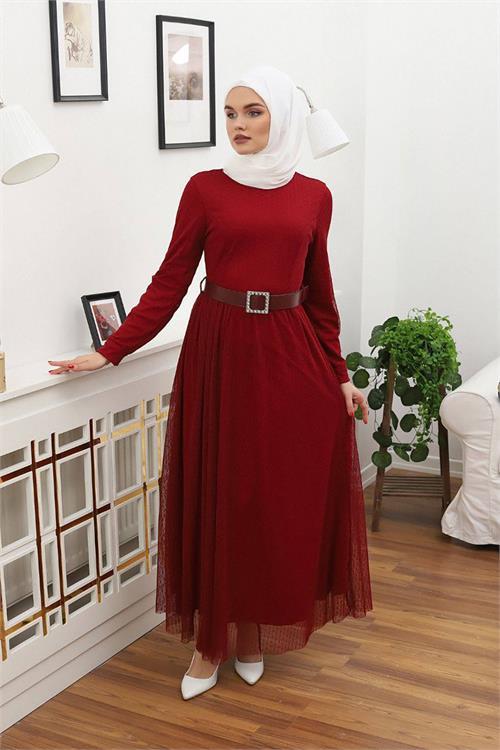 Dipmoda kadın tül kemerli tesettür elbise RSSN45 - Bordo 