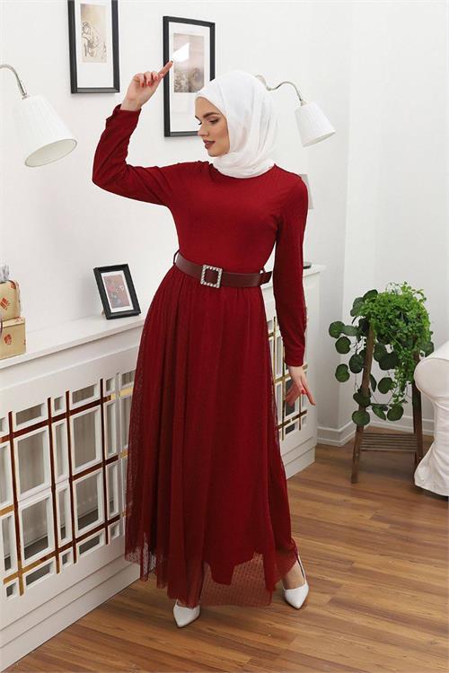 Dipmoda kadın tül kemerli tesettür elbise RSSN45 - Bordo 