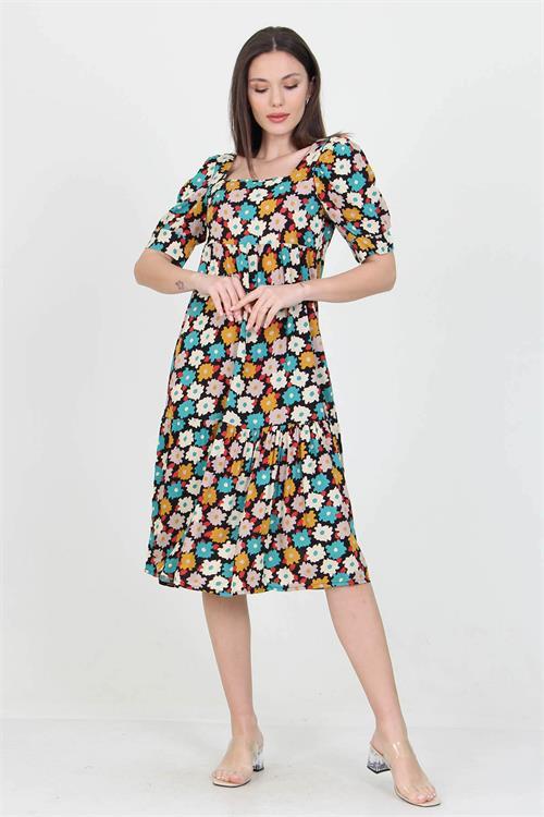 Dipmoda kadın turkuaz kare yaka eteği fırfırlı çiçek desenli viskon elbise NB10026 