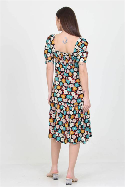 Dipmoda kadın turkuaz kare yaka eteği fırfırlı çiçek desenli viskon elbise NB10026 