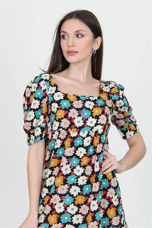 Dipmoda kadın turkuaz kare yaka eteği fırfırlı çiçek desenli viskon elbise NB10026 