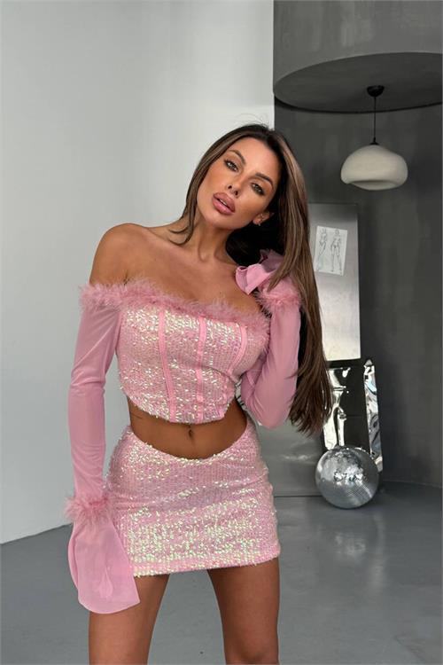 Dipmoda kadın tüy detaylı tül kol bustiyer etek ikili takım DPDF170