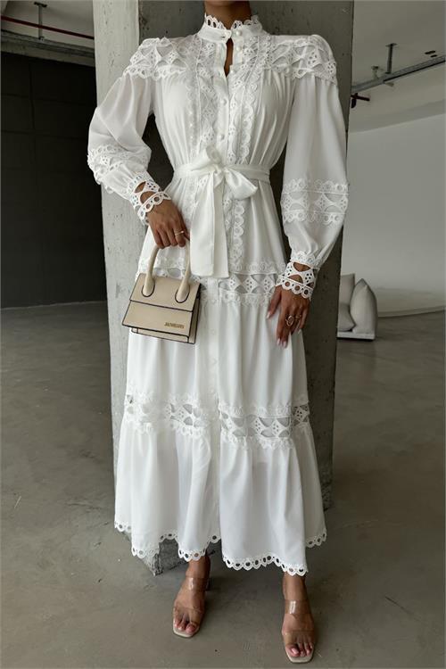 Dipmoda kadın uzun dantel detaylı tasarım elbise DPMS42110