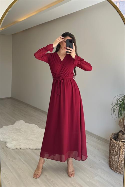 Dipmoda kadın uzun kollu kuşaklı maxi şifon elbise NM001
