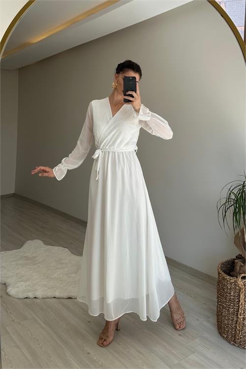 Dipmoda kadın uzun kollu kuşaklı maxi şifon elbise NM001