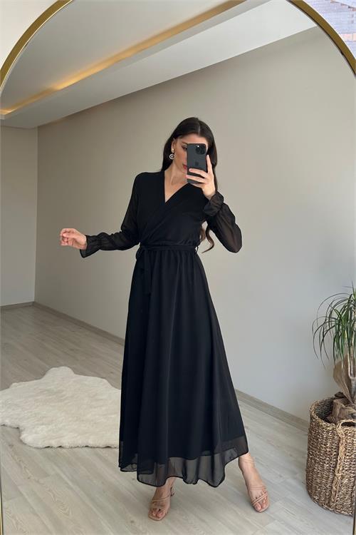 Dipmoda kadın uzun kollu kuşaklı maxi şifon elbise NM001