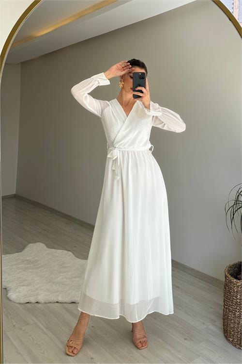 Dipmoda kadın uzun kollu kuşaklı maxi şifon elbise NM001