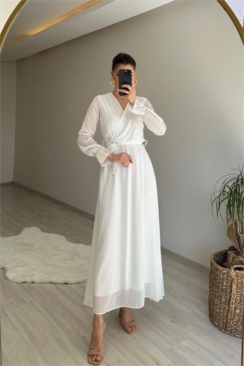 Dipmoda kadın uzun kollu kuşaklı maxi şifon elbise NM001