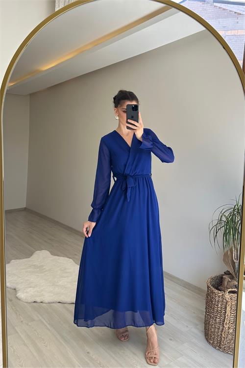 Dipmoda kadın uzun kollu kuşaklı maxi şifon elbise NM001