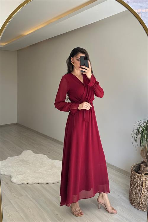 Dipmoda kadın uzun kollu kuşaklı maxi şifon elbise NM001