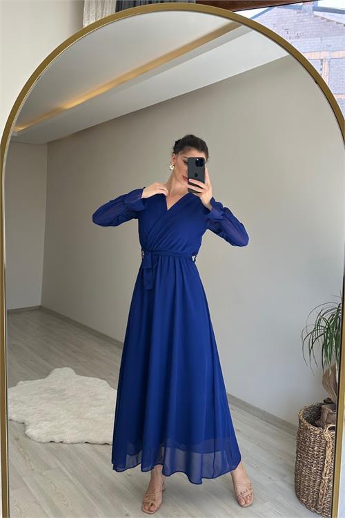 Dipmoda kadın uzun kollu kuşaklı maxi şifon elbise NM001