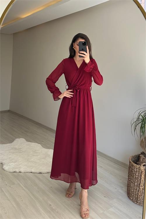 Dipmoda kadın uzun kollu kuşaklı maxi şifon elbise NM001