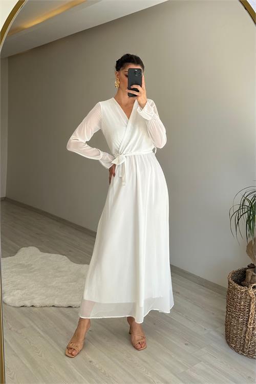 Dipmoda kadın uzun kollu kuşaklı maxi şifon elbise NM001