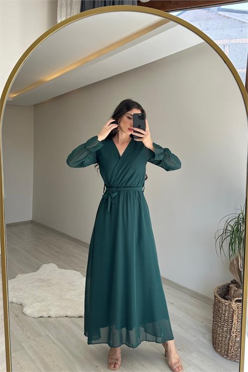 Dipmoda kadın uzun kollu kuşaklı maxi şifon elbise NM001