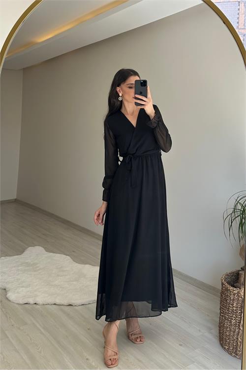 Dipmoda kadın uzun kollu kuşaklı maxi şifon elbise NM001