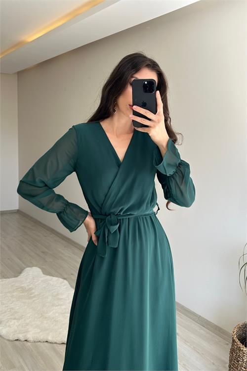 Dipmoda kadın uzun kollu kuşaklı maxi şifon elbise NM001