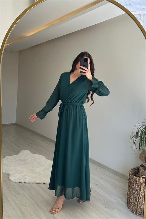 Dipmoda kadın uzun kollu kuşaklı maxi şifon elbise NM001