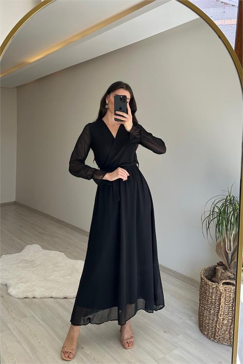 Dipmoda kadın uzun kollu kuşaklı maxi şifon elbise NM001