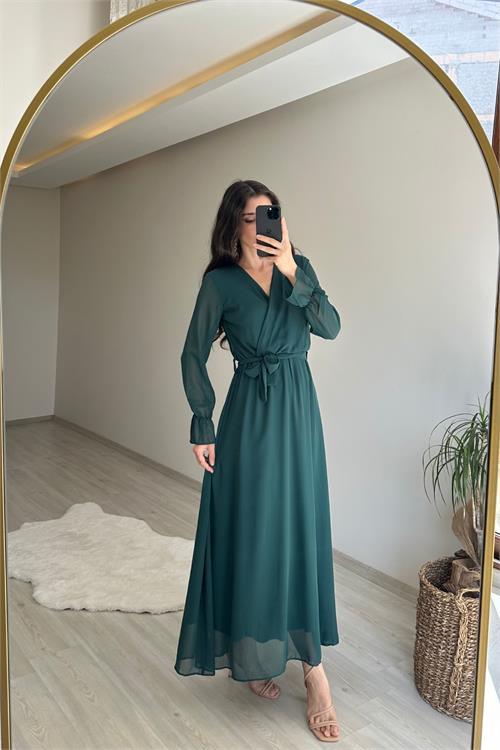 Dipmoda kadın uzun kollu kuşaklı maxi şifon elbise NM001