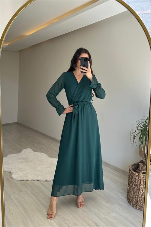 Dipmoda kadın uzun kollu kuşaklı maxi şifon elbise NM001